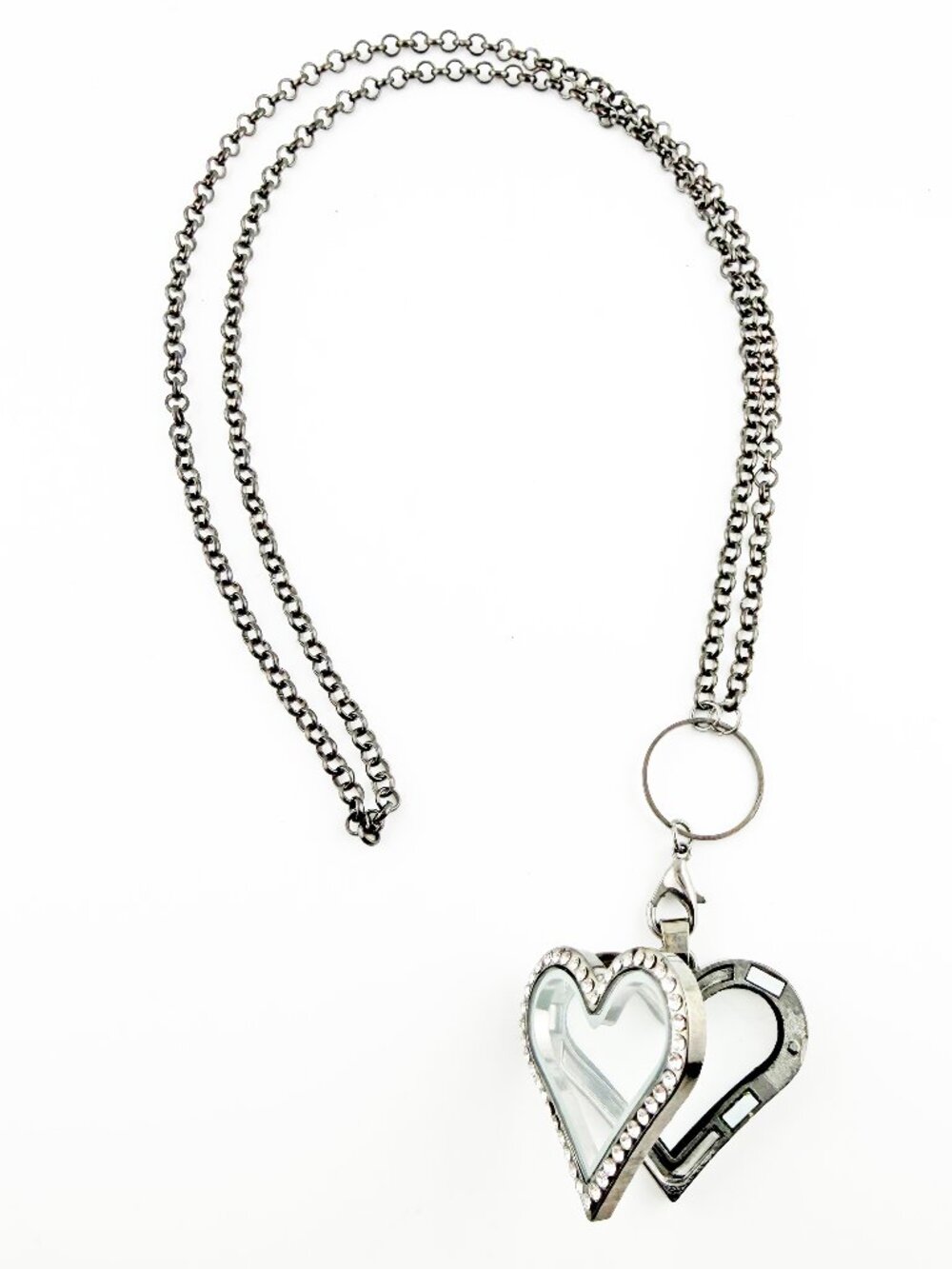 Crystal Heart Memory Floating Locket Lobster Clasp Necklace - Gunmetal-toned